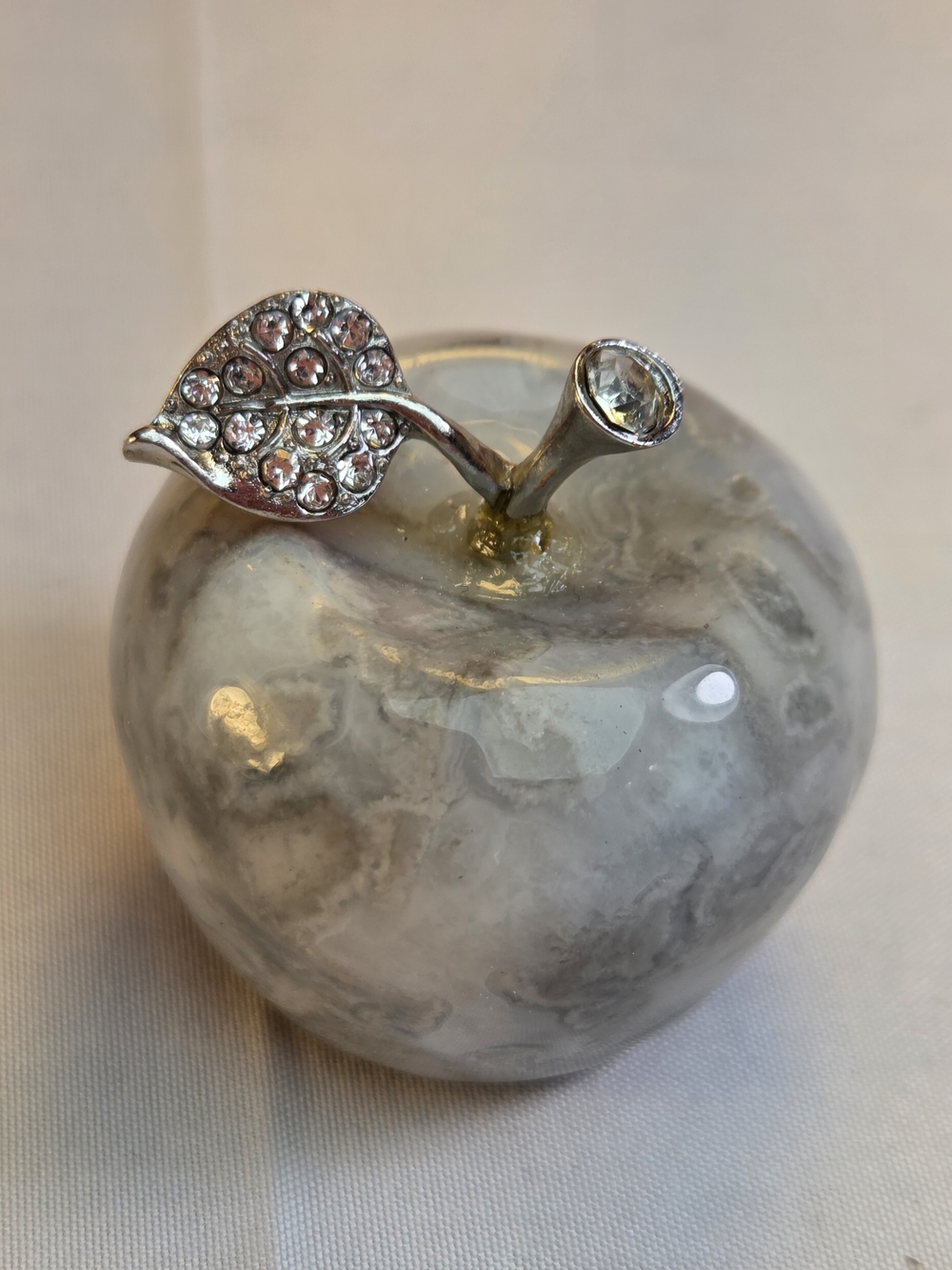 Agate Apple With Silver & Crystal Stem And Leaf- Home- Teacher Gift - Desk Decor
